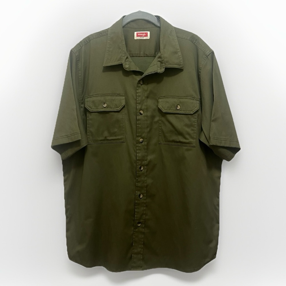 Wrangler‎ Button Down Shirt Mens L Olive Green Short Sleeve Casual - Picture 2 of 10